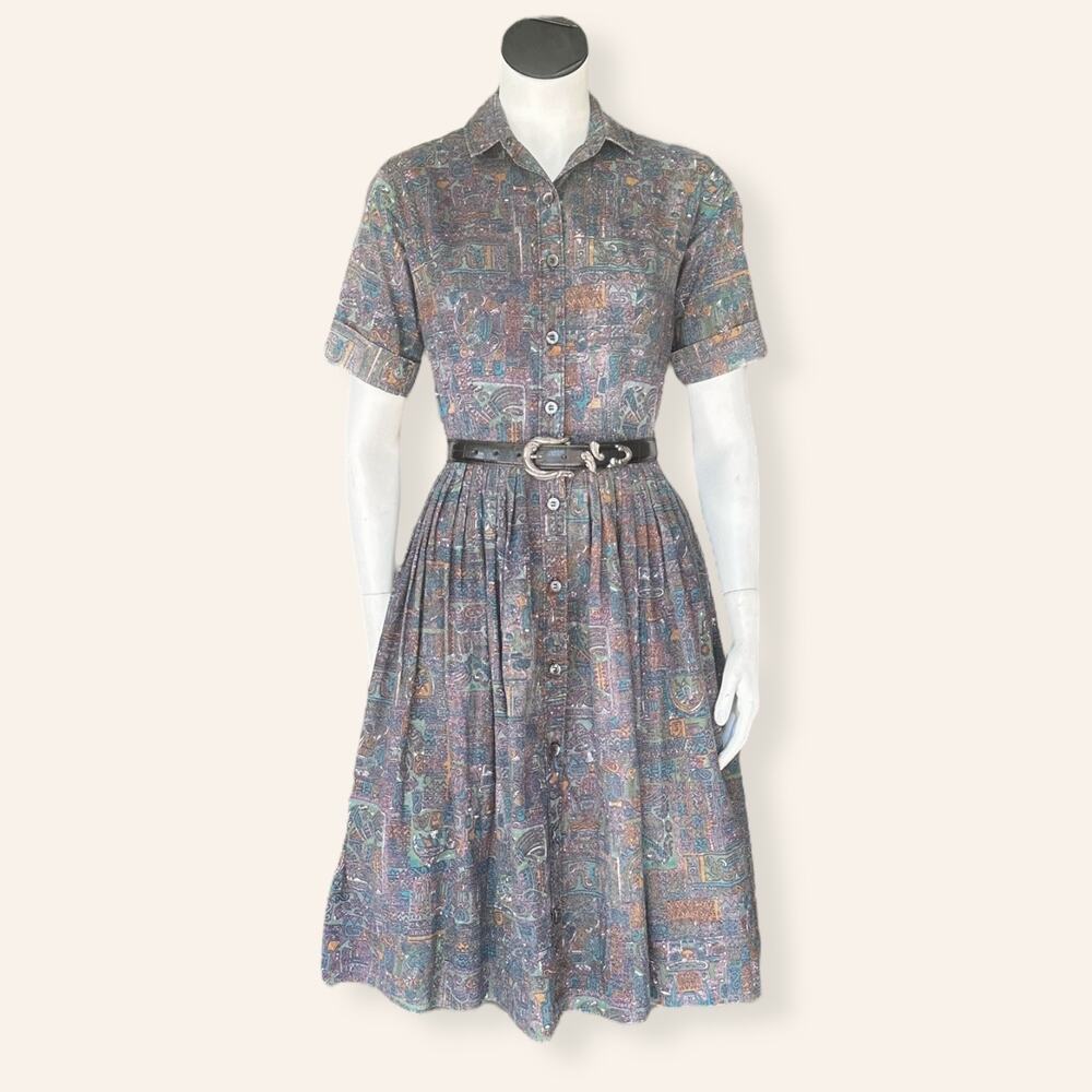 Vintage Aztec Hieroglyphic Print Cotton Fit & Flare Day Dress